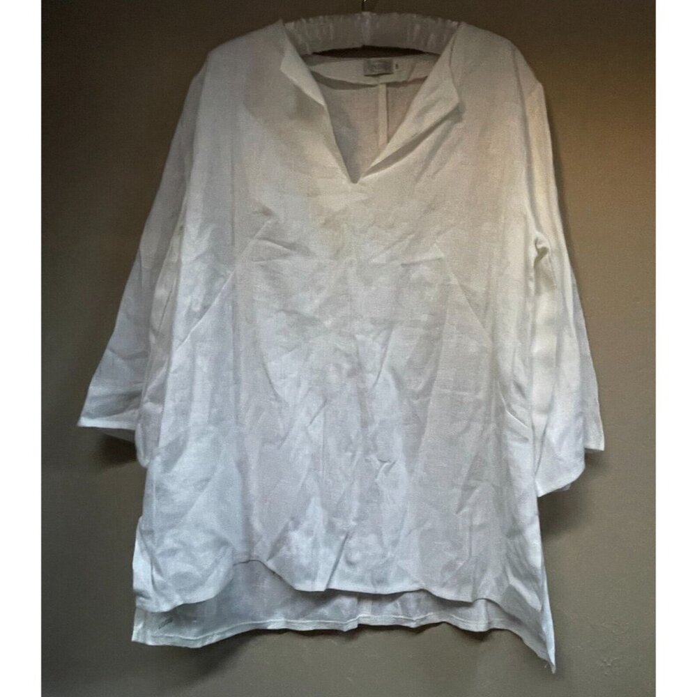 Natural Style Blouse Womens 3XL White Split Neck 3/4 Sleeve Linen Top Casual